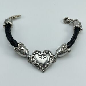 Vintage Retired Brighton Silver Tone Heart Braided Black Cord Love Bracelet